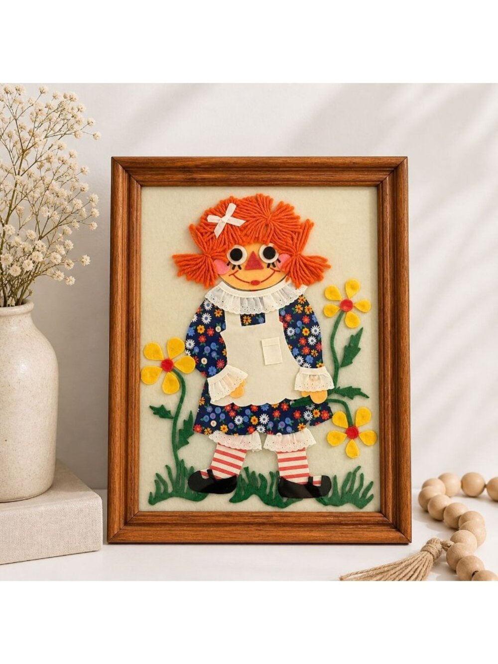 Vintage Raggedy Ann Yarn Art Framed Felt Wall Decor Handmade1970s Nursery Decor